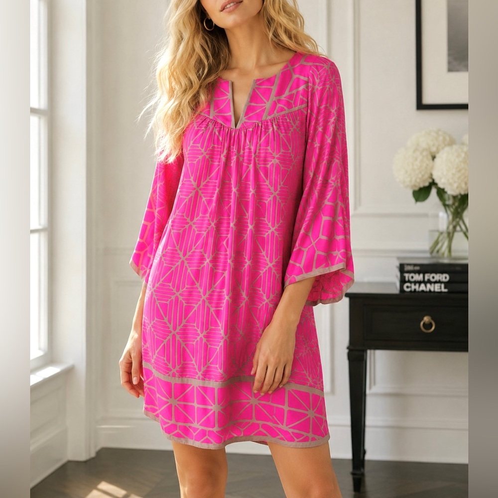 Alice & Trixie Pink and Tan Silk Geometric Shift Dress Size S